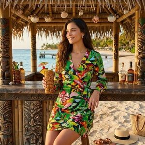 INC International Concepts Wrap Dress Small NWT Tropical Floral Long Sleeve